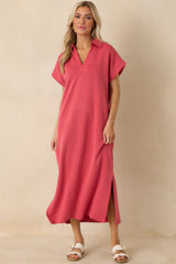 Made The Right Call Coral Pink Collared Midi T-Shirt Dress