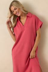 Made The Right Call Coral Pink Collared Midi T-Shirt Dress