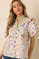 Painted Meadows Ivory Multi Cotton Floral Print Ruffle Sleeve Blouse