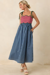 Wrong Place, Right Time Blue & Burgundy Stripe Cotton Midi Dress
