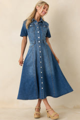The Right Impression Medium Wash Cotton Denim Midi Dress