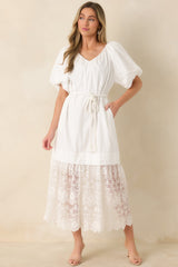Je T'aime Toujours White Cotton & Gathered Lace Maxi Dress