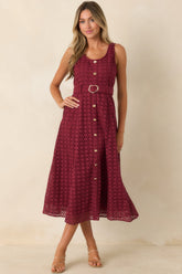 Garden Society Burgundy Cotton Eyelet Sleeveless Midi Dress