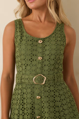 Garden Society Olive Green Cotton Eyelet Sleeveless Midi Dress