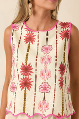 One More Sunset Pink Floral Cotton Linen Top