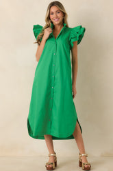 Exactly As Planned Green Cotton Ruffle Button-Front Midi Dress