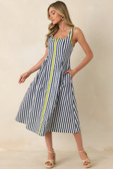 All Smiles Navy & Chartreuse Stripe Cotton Midi Dress