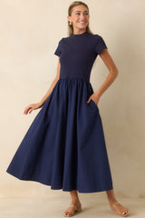 Prosperina Aria Navy Cotton Short Sleeve Midi Dress