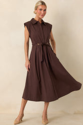 A Better Plan Brown Cotton Poplin Belted Midi Dress