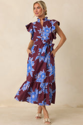 Fresh Air Affair Wine & Cobalt Floral Cotton Eyelet Midi Dress