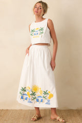 Paradisa Paradena White Multi Embroidered Cotton Blend Midi Skirt