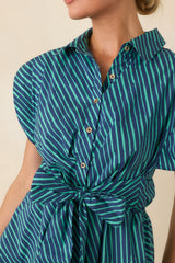 Blurred Lines Teal Stripe Tie Waist Mini Dress