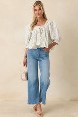 Sweetest Story Ivory & Blue Floral Cotton Blouse
