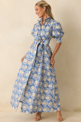 Prosperina Marianne Dusty Blue Floral Cotton Maxi Dress