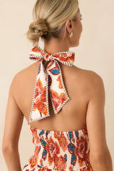 A Little Brighter Orange Floral Print Criss Cross Halter Maxi Dress