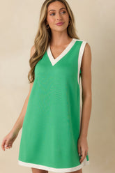 Well Defined Green Jersey Knit Contrast Trim Sleeveless Mini Dress