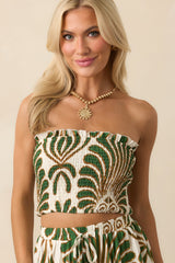 Endless Days Green Abstract Print Strapless Smocked Crop Top