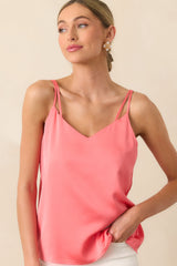 No Worries Here Pink Coral Satin V-Neck Tank Top
