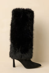 Fine Point Black Faux Fur and Suede Pointed Toe Stiletto Boots