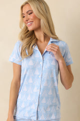 Blue Christmas Ice Blue Christmas Tree Short Sleeve Button Up Pajama Top
