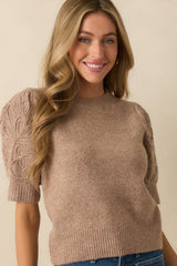 Warm Intuition Mocha Knit Embroidered Puff Sleeve Sweater