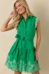 The Way Forward Spring Green Cotton Floral Embroidered Button Down Mini Dress