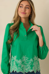I See You Spring Green Cotton Floral Embroidered Puff Sleeve Top