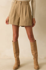 Here We Go Again Tan Pleated High Waisted Shorts