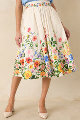 A Beautiful Arrangement Ivory Multi Floral Cotton Midi Skirt
