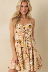 One More Song Tan Multi Tropical Keyhole Tiered Mini Dress