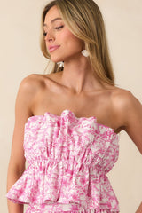 Exactly Right Pink Tropical Toile Print Cotton Strapless Peplum Top