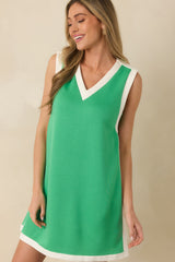 Well Defined Green Jersey Knit Contrast Trim Sleeveless Mini Dress