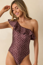 MINKPINK Sierra Burgundy Floral Ruffle One Shoulder Swimsuit