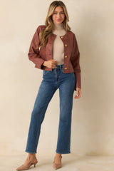 Made To Impress Mauve Faux Leather Cropped Button Up Jacket