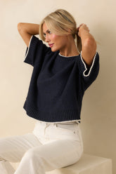 Never Looked Back Navy Contrast Trim Short Sleeve Sweater