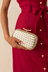 For Certain Gold Metallic Woven Faux Leather Clutch Handbag