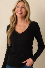 Everyday Envy Black Ribbed Cotton Long Sleeve Henley Tee