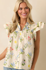 Worth The View Ivory Floral Print Cotton Button Front Top