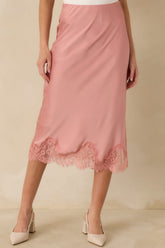 Just Call Me Later Blush Pink Satin Lace Trim Midi Skirt