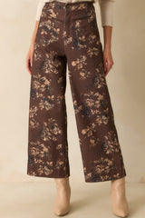 Couldn't Be Better Chocolate Brown Floral Print Cotton Wide Leg Jeans