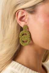 In The Blink Of An Eye Olive Green Beaded Drop Earrings
