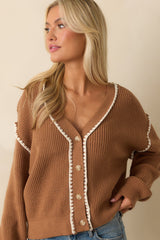 On The Mark Camel Brown Contrast Trim Knit Button Up Cardigan