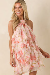 ASTR The Label Ofra Pink Floral Ruffle Halter Mini Dress