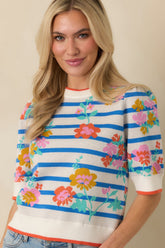 Flower Market Morning Blue Multi Floral Stripe Short Sleeve Sweater