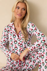 The Merriest Thing White Multi Wreath Long Sleeve Button Up Pajama Top