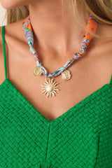 Sun Story Orange Multi Scarf Gold Charm Necklace