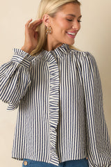 Neatly Noted Navy Blue Striped Seersucker Ruffle Blouse