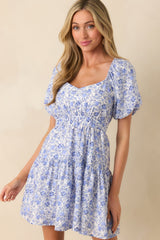 MINKPINK Blue Floral Print Evelyn Puff Sleeve Mini Dress