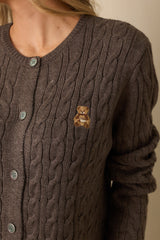 On My Terms Dark Mocha Brown Cable Knit Bear Embroidered Cardigan
