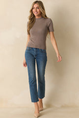 Without Thinking Dark Taupe Ribbed Mock Neck Short Sleeve Top